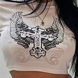 Wingled Cross Printed Crop Top